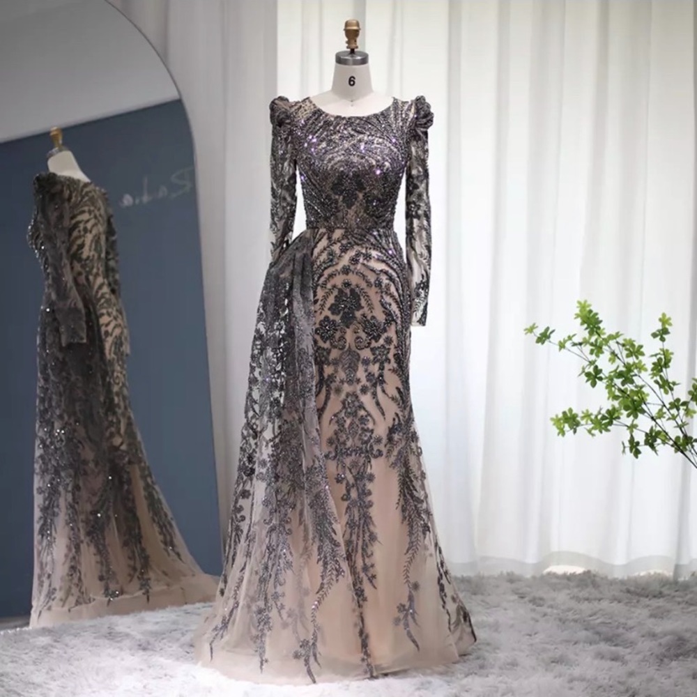 Custom couture evening gown size 12 gunmetal and beige